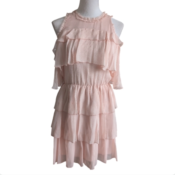 Alice + Olivia Nichola Cold Shoulder Ruffle Tiered Party Dress Blush Pink Size 8 - Picture 6 of 16